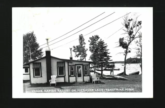 Tenstrike Minnesota MN c1940s RPPC Cedar Rapids Resort Log Cabins, Medicine Lake