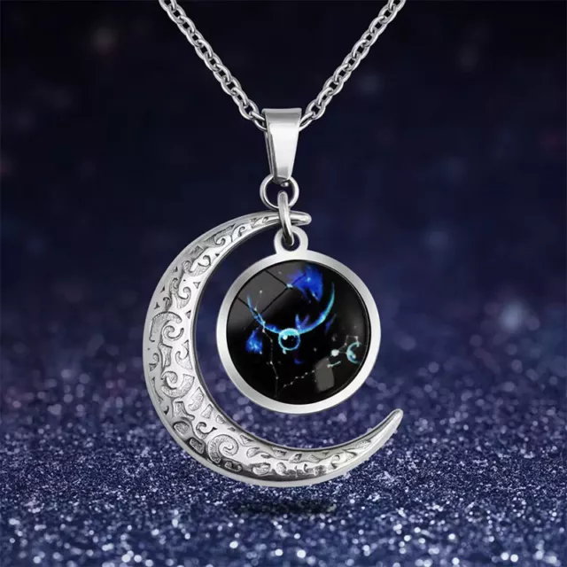 12 Constellation Luminous Crescent Moon Necklace Gemstone Shiny Pendant Glows