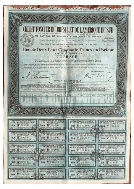 Emprunt : 2 Bons de 250 F Crédit foncier du Brésil et de l'Amérique du sud.