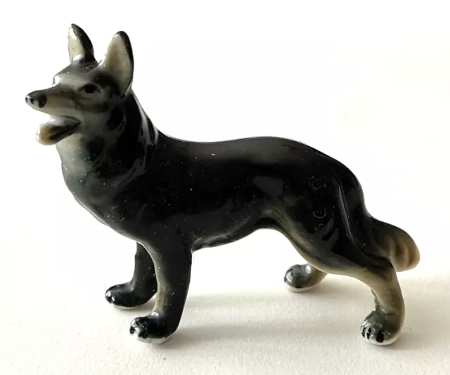 Vintage Miniature Porcelain Dog Figurine German Shepherd 2.25" tall Dark Grey