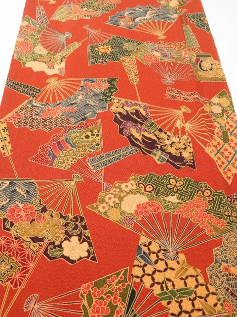 1K06z90  Japanese Kimono Crepe Silk  FABRIC Folding fan Orange-Brown 63.0x14.2
