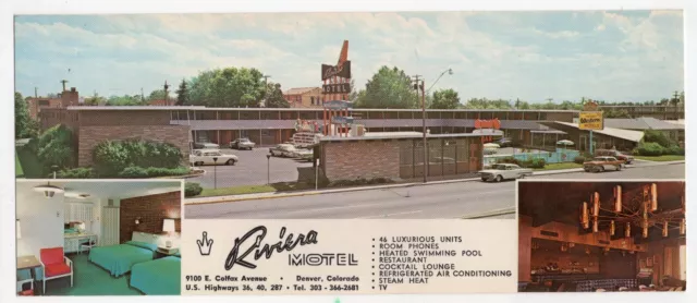Riviera Motel Denver CO Colfax Ave KILLER Car Lot VINTAGE 1960's Jumbo Postcard