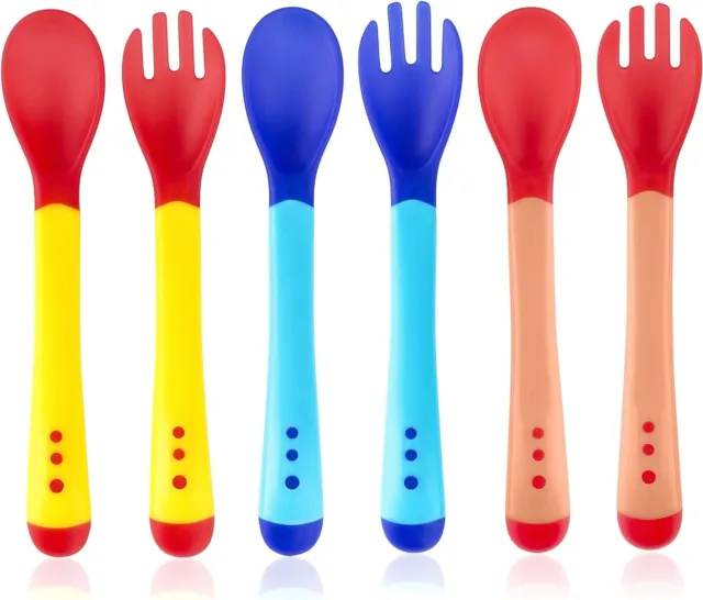Toddler Feeding Spoon Fork Set Baby Infant Thermal Safety Soft Silicone 6pcs Kid
