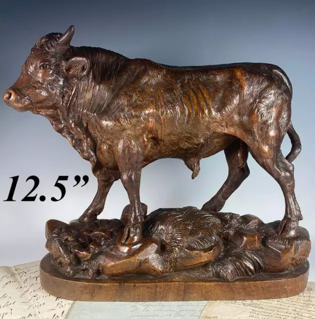 RARE Huge 12.5" Antique HC Swiss Black Forest Cow, Bull, Grand Tour Animalier
