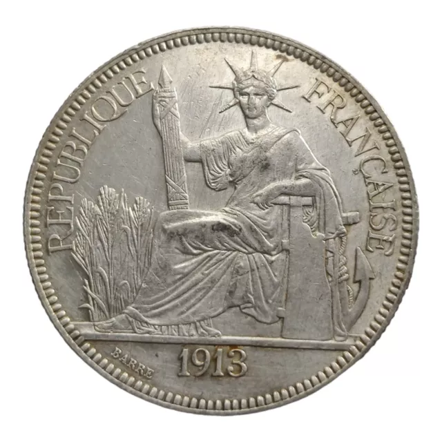 1913-A Silver Piastre Commerce French Indo-China Rare Crown Thaler Sized Coin 5K