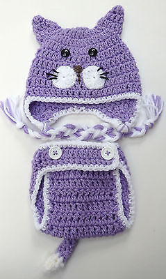 BABY HAT CAT DIAPER COVER SET CROCHET knit infant toddler beanie photo prop