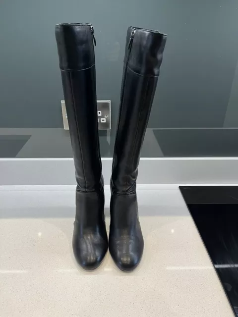 French Connection Knee Length 70’s Style Leather Boots Black Size 6