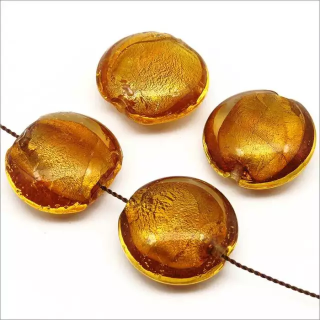 Lot de 4 Perles en Verre Lampwork Feuille d’Argent Galets 20mm Topaze