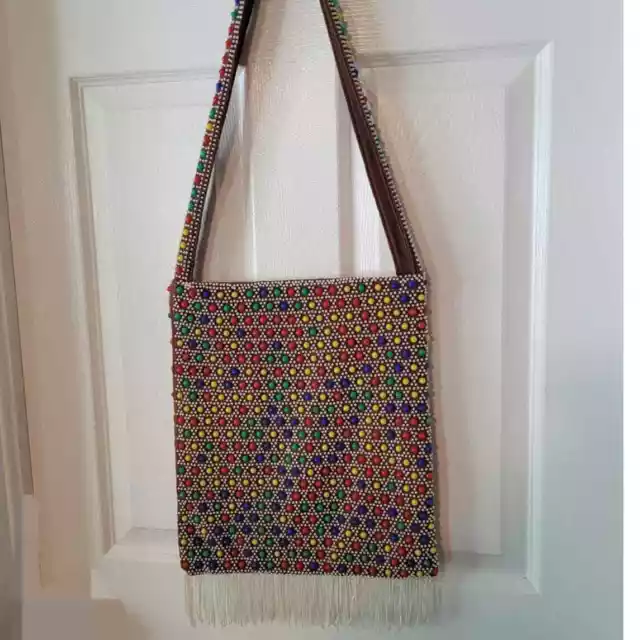 Vintage 60s Mod Plastic Beaded Crossbody Bag Purse Colorful Fringe