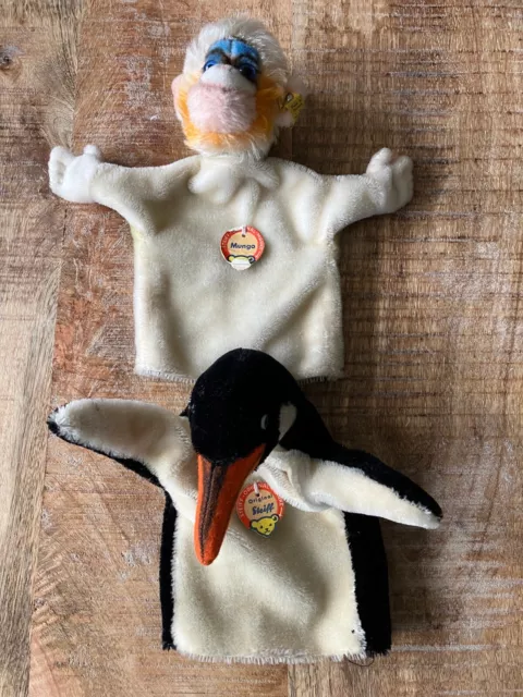 2 Handpuppen der Firma Steiff, Pinguin und Affe, Originale