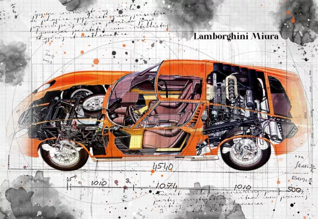 Line Tech Drawing  Lamborghini Miura  Car Classic Cutaway Art Poster Print