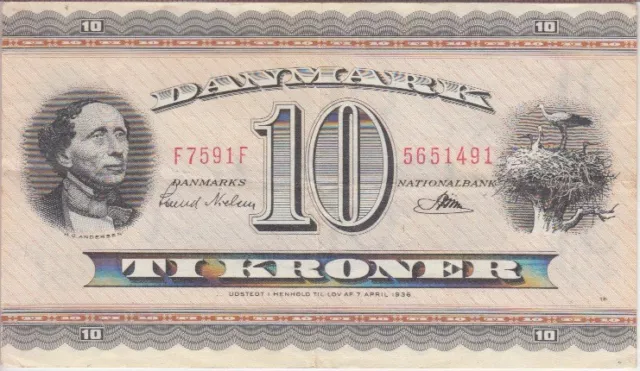 Denmark Banknote P. 44s-1491 10 Kroner 1959 Prefix F7, VF WE COMBINE        2001