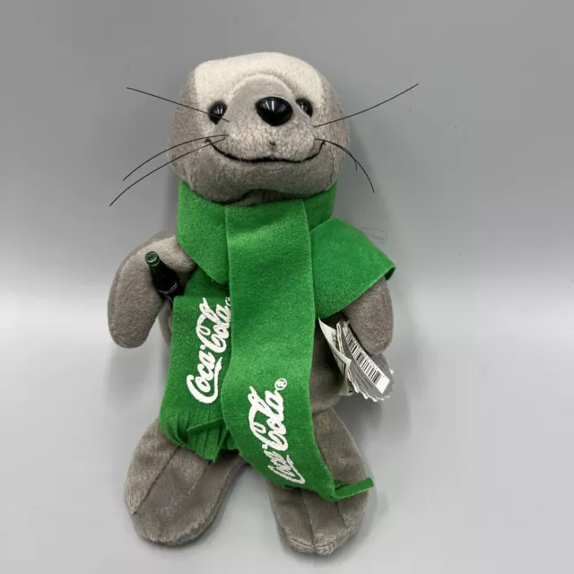 1998 Coca Cola Bean Bag Plush, Seal In Green Scarf. Collectible #0123. NWT