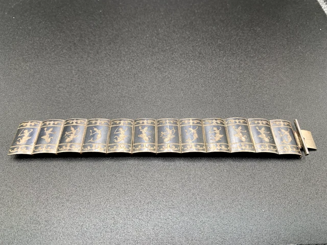 Vintage SIAM Niello Enamel over Sterling Silver Hinged Link Bracelet