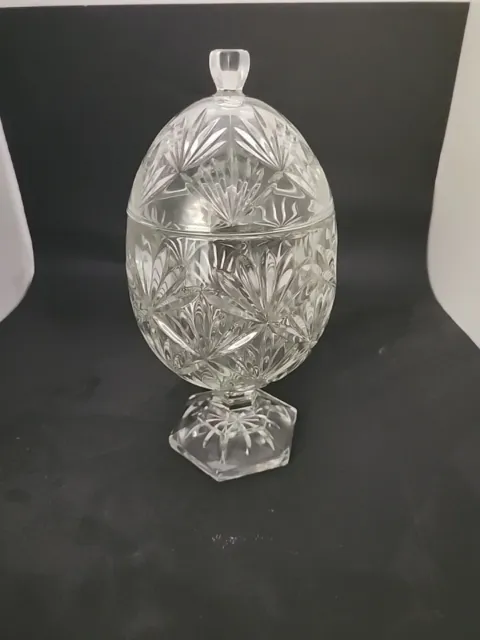 Vintage Egg Shaped Cut Crystal Glass Pedestal Candy Dish Jar with Lid, 9" Tall