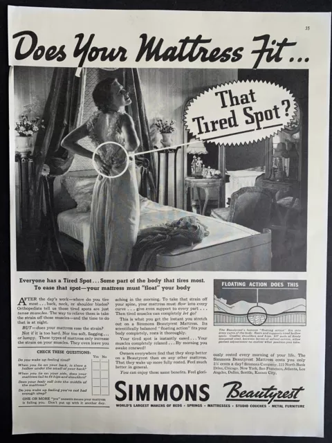 Vintage 1936 Simmons Beautyrest Mattress Print Ad