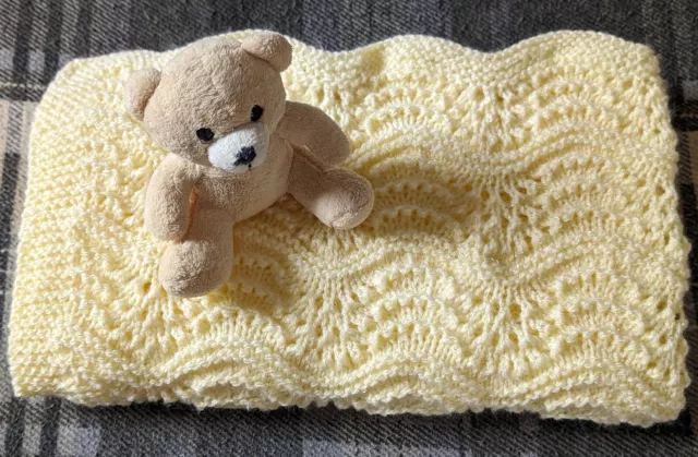 Hand Crafted Knitted Baby Blanket.  Lemon Shimmer - Feather & Fan Pattern In DK