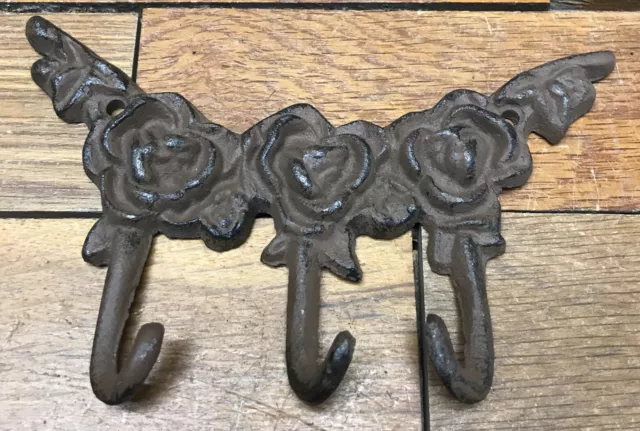 Key Wall Leash HOOKS Rose Flower Garden Hanger cast iron rusic