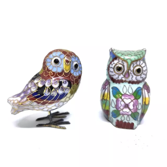 Ensemble de Hibou ou Chouette en laiton et émaux cloisonnés