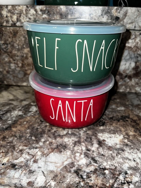 Rae Dunn Cetamic Bowl Set SANTA & ELF SNACKS Red & Green With Lids & Vent
