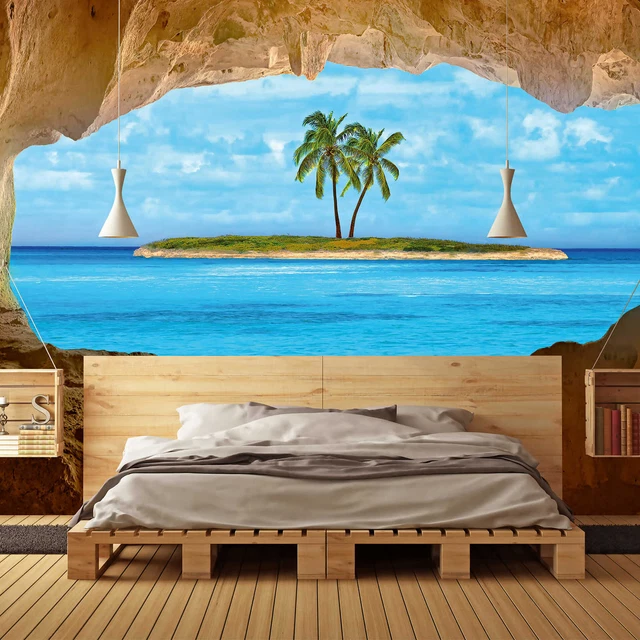 Papier Peint Paradis Vue à travers D'une Fenêtre, Mer, Palmiers 3,66 M X 2,54 M