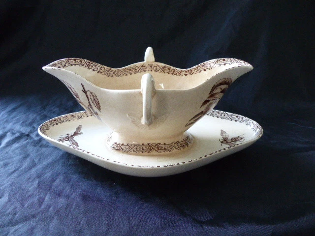 Saucière Ancienne En Faïence Fine CHOISY Décor Bord De Mer Rouge - Deux Becs, Vintage