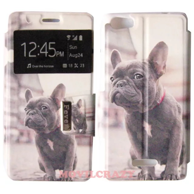 Funda Libro Flip Cover Dibujo Con Ventana Custodia Para Wiko Fever Perro