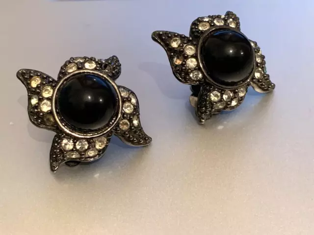 Superb Vintage French Designer  Clip-on Earrings -Black Glass Cabochon, Crystals