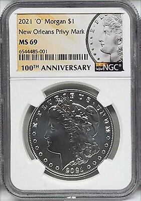 2021 o (privy) morgan silver dollar, ngc ms 69, 100th anniversary, w/ ogp & coa