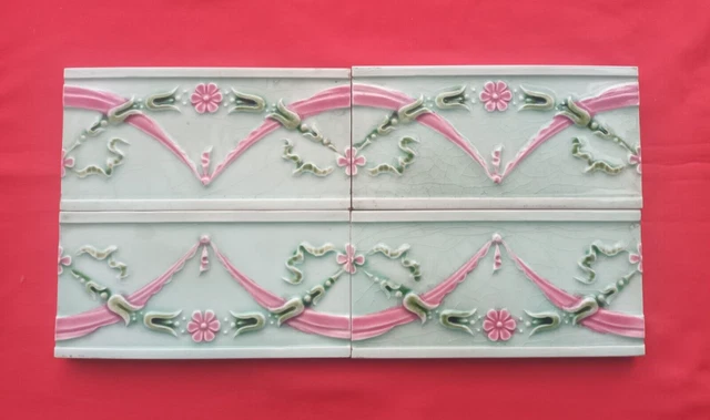 4 Piece Lot Art Deco Floral Design Embossed Majolica Ceramic Tiles England 0289 3