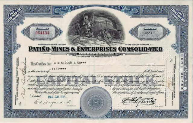 Patino Mines & Enterprises Consolidated Inc., 1954 (50 Shares)