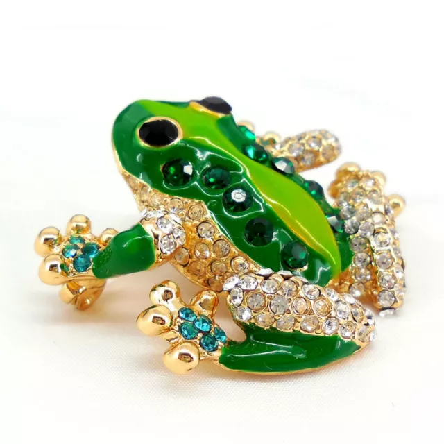 Vivid Lovely Green Frog Pin Brooch Use Austria Crystal 4cm x 3.5cm