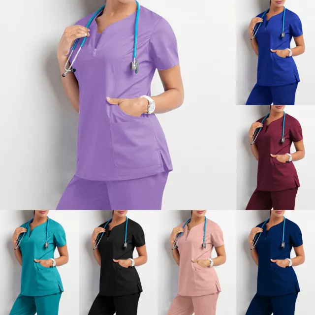 2pcs/Set/Top Stretch Nurse Scrub Uniform Set Women Men V-Neck Tops Yoga Pants