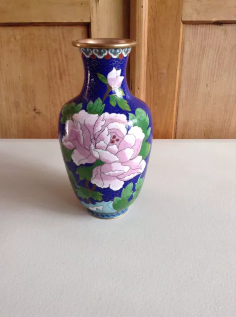 Original Vintage Chinese Copper Cloisonne Enamel Bird and Flowers Vase 8" Tall