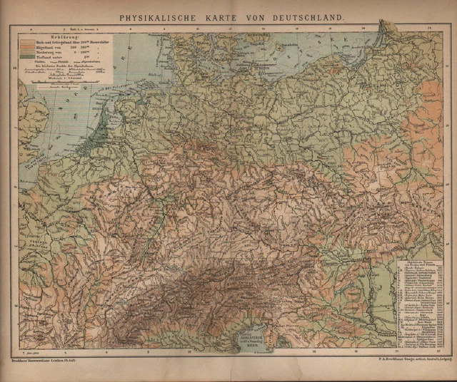 LANDKARTE MAP 1900: PHYSIKALISCHE KARTE VON DEUTSCHLAND. £13.17