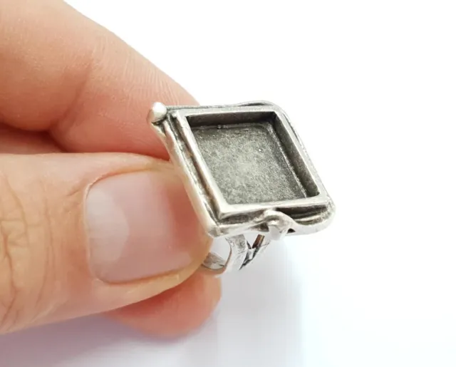 Square Ring Blank Bezel Setting Adjustable Base Antique Silver Plated Brass