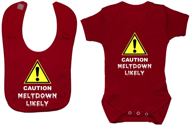 Caution Meltdown Likely Baby Grow/Romper & Feeding Bib 0-24m Boy Girl