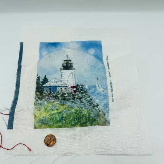 Sunset Needlepoint 1997 faro de lona 7,5"" x 5"" iniciado