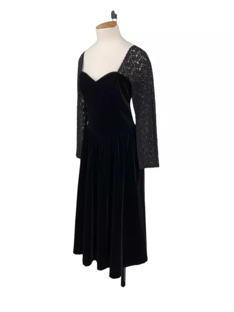 Vintage Laura Ashley Velvet Midi Dress Sweetheart Neckline Sheer Lace Sleeves 14 2