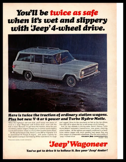 1966 Jeep Wagoneer V-8 "Be Twice As Safe With 4-Wheel Drive" Wet Road Print Ad