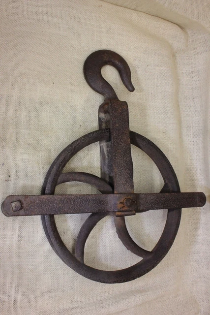 old Well Pulley 11” Wheel heavy duty hook vintage Barn rustic iron industrial