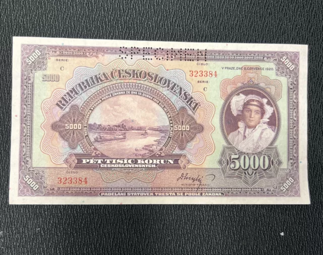 5000 Korun Specimen Banknote Republika Czechoslovakia 1920 - Au Condition