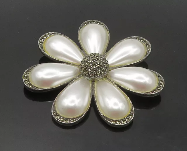 JUDITH JACK 925 Silver - Vintage Pearls & Marcasite Flower Brooch Pin - BP6768