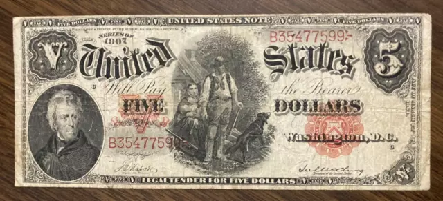1907 $5 Woodchopper Red Seal Large Size Note Bill  Fine Plus