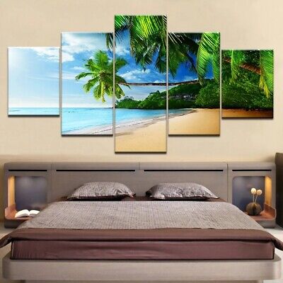 Beach Sunset Sea  5 PC  Panels framed canvas picture home decor Wall Art
