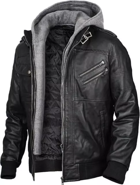 Giacca Uomo Pelle Cappuccio Vera Pelle d'Agnello Pelle Biker Giacca Moto 3