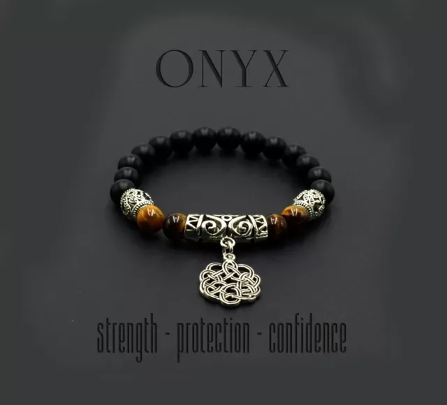 Celtic Pattern Onyx / Tiger Eye Stone Bracelet - 8 mm - (Ethnic Wallet Gift)