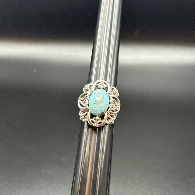Sarah Cov Vintage Ring Faux Turquoise Silvertone Adjustable Sz 6.5