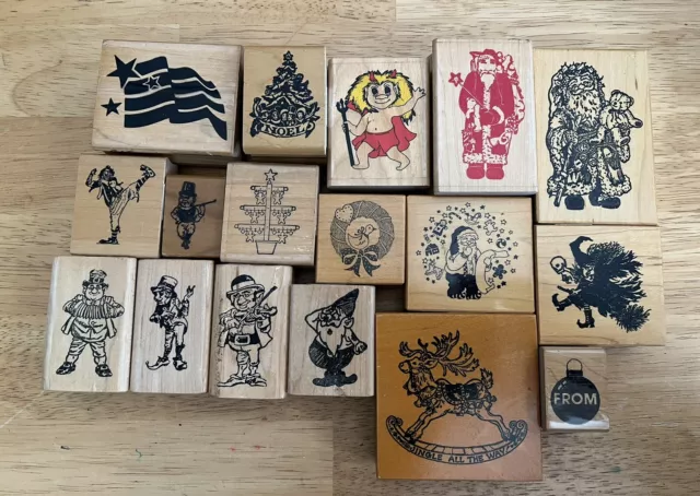 Lot of 17 Vintage Unbranded Wood Mounted Rubber Stamps Holiday, Christmas Etc