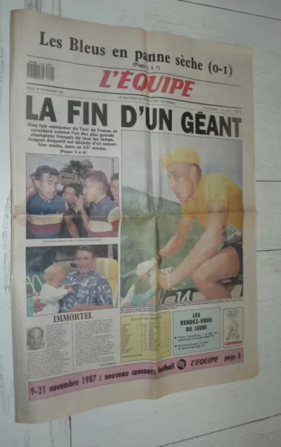 Journal L'equipe 19-11 1987 Mort Jacques Anquetil Cyclisme Ciclismo Tour France